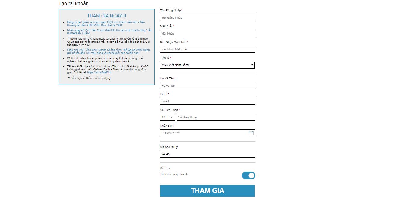Hướng dẫn từng bước đăng ký tài khoản W88